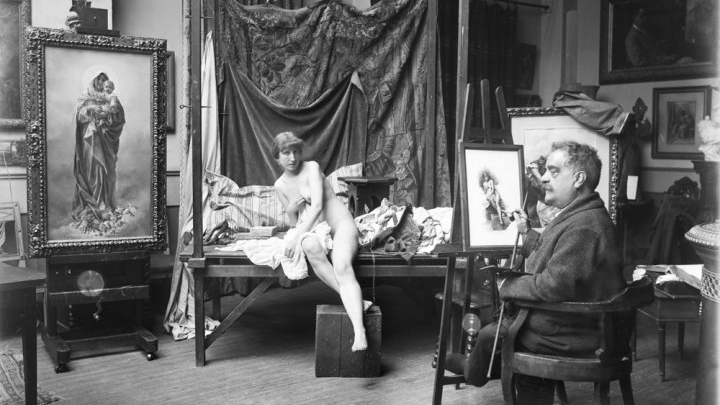 GARCÍA MENCÍA, Antonio (Madrid, 1853 - 1915) El pintor García Mencía con una modelo en su estudio. Foto: Mariano Moreno, ca. 191